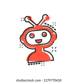 Cute robot chatbot icon in comic style. Bot operator vector cartoon illustration pictogram. Smart chatbot character business concept splash effect.