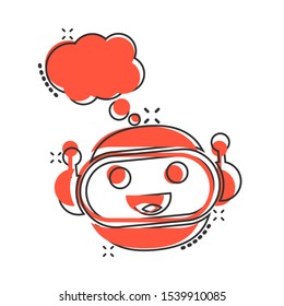 Cute robot chatbot icon in comic style. Bot operator vector cartoon illustration pictogram splash effect.