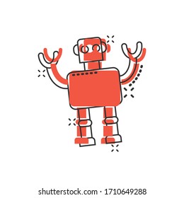 Cute robot chatbot icon in comic style. Bot operator cartoon vector illustration on white isolated background. Smart chatbot character splash effect business concept.