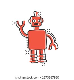 Cute robot chatbot icon in comic style. Bot operator cartoon vector illustration on white isolated background. Smart chatbot character splash effect business concept.