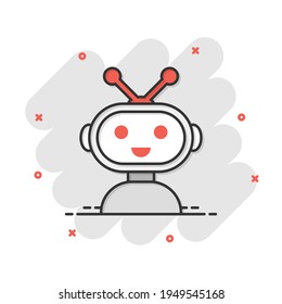 Cute robot chatbot icon in comic style. Bot operator vector cartoon illustration pictogram. Smart chatbot character business concept splash effect.