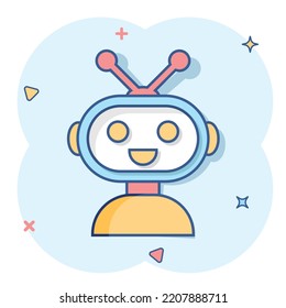 Cute robot chatbot icon in comic style. Bot operator vector cartoon illustration pictogram. Smart chatbot character business concept splash effect.