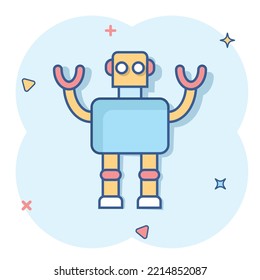 Cute robot chatbot icon in comic style. Bot operator cartoon vector illustration on white isolated background. Smart chatbot character splash effect business concept.