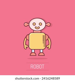 Cute robot chatbot icon in comic style. Bot operator cartoon vector illustration on isolated background. Smart chatbot character splash effect business concept.