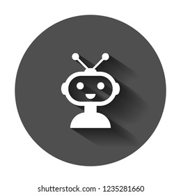Cute robot chatbot icon in flat style. Bot operator vector illustration with long shadow. Smart chatbot character business concept.