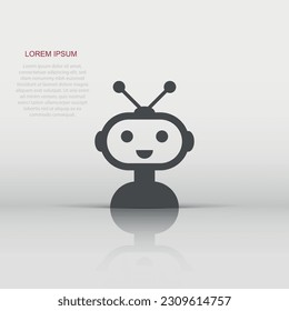 Cute robot chatbot icon in flat style. Bot operator vector illustration on white isolated background. Smart chatbot character business concept.