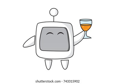 Cute Robot cheering with a drink in hand. Vector Illustration. Isolated on white background.
