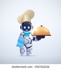 cute robot chef in hat holding serving cloche modern robotic character cooking in kitchen artificial intelligence