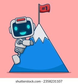 Cute robot climbing mountain to reaching a flag, vector cartoon illustration