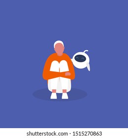 Cute robot consoling a sad character. Psychotherapy. New technologies. Human and artificial intelligence. Emotions. Flat editable vector illustration, clip art