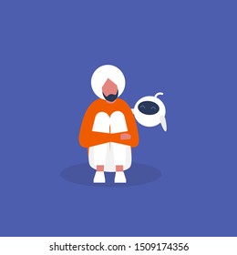 Cute robot consoling a sad indinan character. Psychotherapy. New technologies. Human and artificial intelligence. Emotions. Flat editable vector illustration, clip art