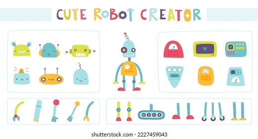 Constructor de robots para niños. Creador de robots de dibujos animados personalizados de partes. Conjunto de vectores de elementos droid. 