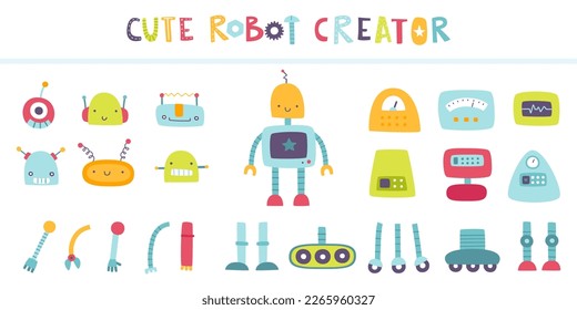 Constructor de robots para niños. Creador de personajes de dibujos animados personalizados de partes. Conjunto vectorial de elementos robot.