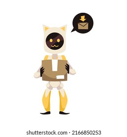 Cute robot courier with cat ears holding paper box, flat vector illustration isolated on white background. Futuristic artificial intelligence delivery. Cartoon character of robotic mascot.