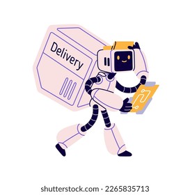Un joli service de messagerie robotique travaille pour le service de livraison. Android qui livre l'ordre dans un sac à dos. Ouvrier de machine à IA dans un style futuriste rétro. Illustration vectorielle à plat isolée sur fond blanc