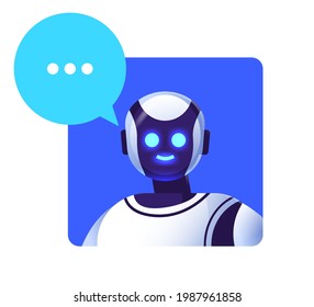 cute robot cyborg with chat bubble modern robotic character artificial intelligence technology communication