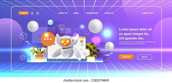 cute robot cyborg with chat bubble on laptop screen modern robotic character artificial intelligence technology