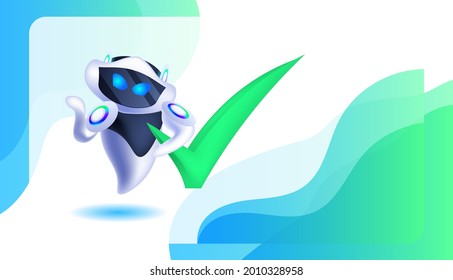 robot lindo cyborg con marca de verificación verde personaje robótico moderno concepto de tecnología de inteligencia artificial