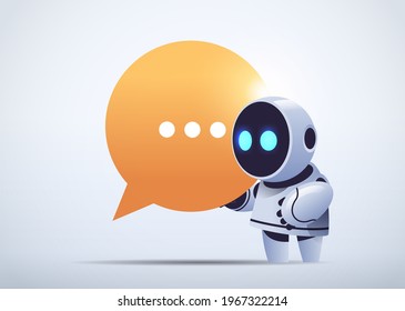 cute robot cyborg holding chat bubble communication chatbot customer service artificial intelligence technology