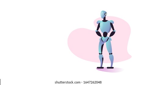 cute robot cyborg modern robotic character standing pose artificial intelligence technology concept full length horizontal vector illustration