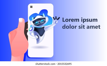 cute robot cyborg on smartphone screen modern robotic character artificial intelligence technology concept