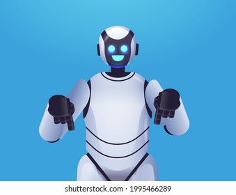 cute robot cyborg pointing at something modern robotic character artificial intelligence technology concept