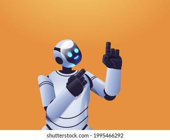 cute robot cyborg pointing at something modern robotic character artificial intelligence technology concept