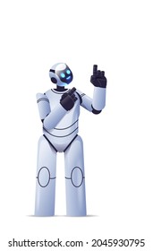 cute robot cyborg pointing at something modern robotic character artificial intelligence technology concept