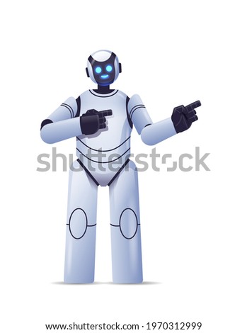 cute robot cyborg pointing at something modern robotic character artificial intelligence technology concept