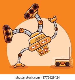 cute robot dancing backflip, hand standing and retro radio mascot vector cartoon illustration 