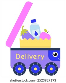 Cute robot delivering goods, food, vector