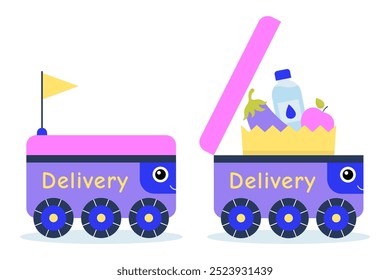 Cute robot delivering goods, food, vector, flat vector mini set