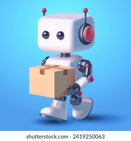 Robot lindo entregando paquetes, vector 3d. Adecuado para mercados, sitios web, comercio electrónico, medios sociales y elementos de diseño