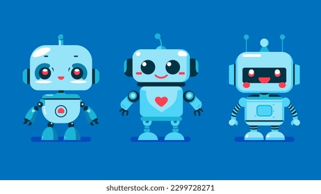 cute robot in different shapes, character designs set, cartoon friendly mascots, collection of mechanical toys, flat character vector illustration