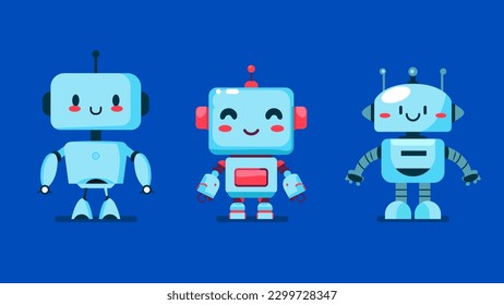 cute robot in different shapes, character designs set, cartoon friendly mascots, collection of mechanical toys, flat character vector illustration