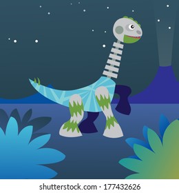 cute robot dinosaur on night planet background