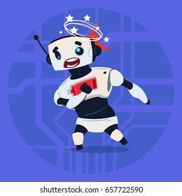 Cute Robot Dizzy Error Broken Modern Artificial Intelligence Technology Concept Flat Vector Illustration