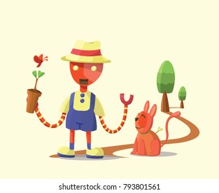 Cute robot with dog and tree