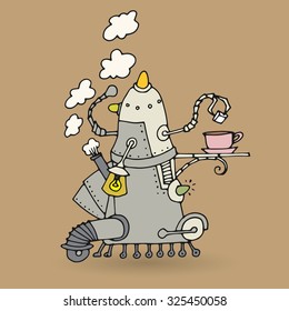 Cute robot doodle drawing, vector illustration