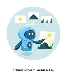 Cute robot drawing artwork picture with a brush. Illustration of  AI (artificial intelligence) generated working.