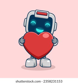 Cute robot embraces big red heart, vector cartoon illustration