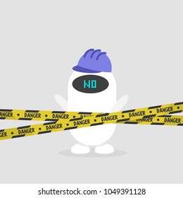 Cute robot engineer wearing a hard hat. Caution. Danger yellow tape. Industrial illustration. Flat vector illustration, clip art. 