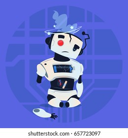 Cute Robot Error Broken Modern Artificial Intelligence Technology Concept Flat Vector Illustration