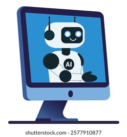 Cute robot extending its hand from the monitor screen