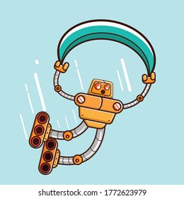 cute robot falling from the sky with parachute and flying mascot vector cartoon illustration 