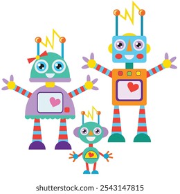 Cute robot family vector cartoon illustration for kids