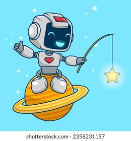 Cute robot fishing a star on Saturn planet, vector cartoon illustration