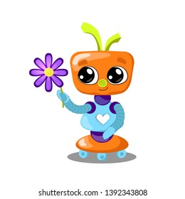 Cute robot with flower vector illustration on white background. Robot with heart in love. Feminine robot girl. Artificial intelligence concept for children. Friendly robot clipart. Fantastic kid toy