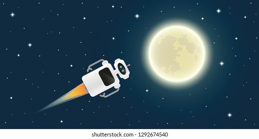 cute robot is flying to the full moon in space vector illustration EPS10