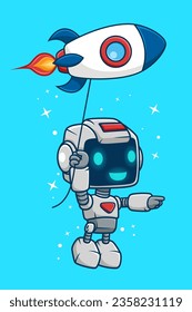 Robot lindo volando colgado con cohete, ilustración vectorial de dibujos animados. Concepto de icono de la tecnología de la ciencia Vector Premium aislado